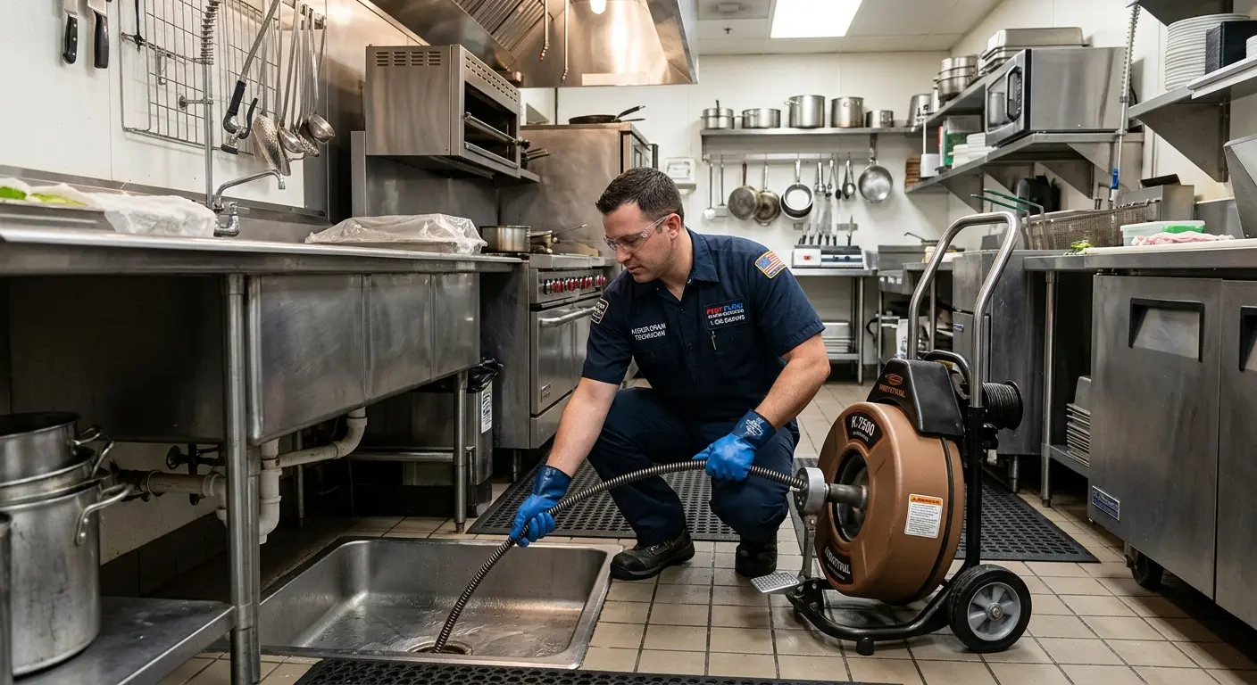 Commercial drain cleaning service in a restaurant kitchen in Parole