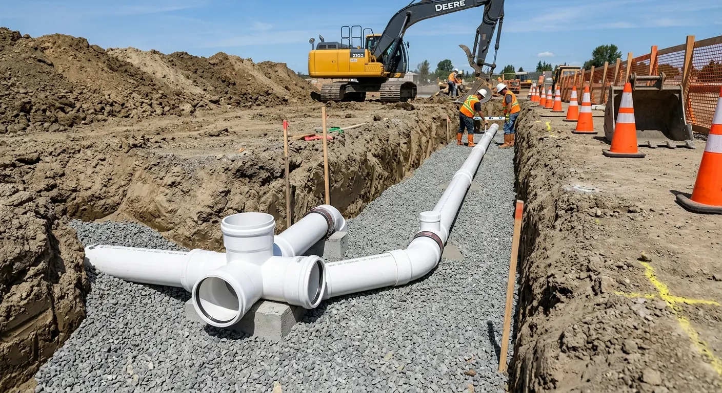 New PVC sewer pipe installation in open trench for Sewer Camera Inspection in Parole