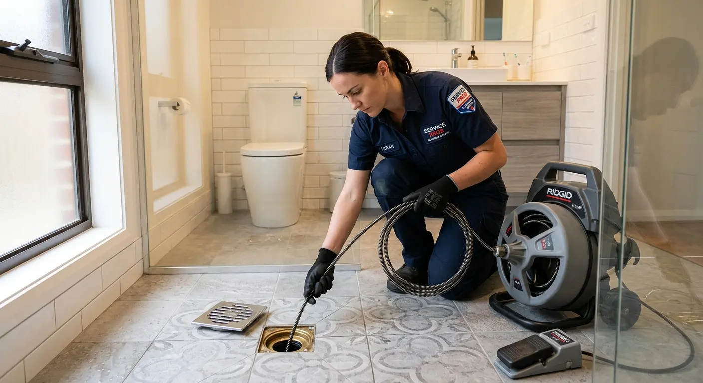 Technician clearing a bathroom floor drain for Sewer Line Installation in Parole